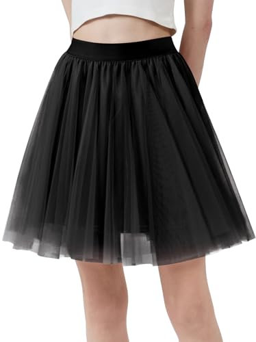 Eisnnu Tüllrock Damen 3 Lagen Tüll Elastische Taille Sommerrock Unterrock Petticoat Rocklänge 48CM Schwarz Rosa Weiß Kurz Party Prom Rock
