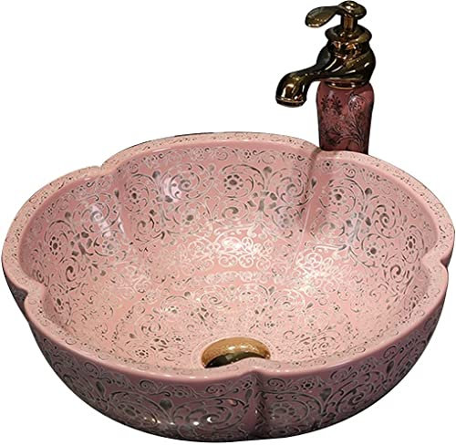Vanity Unit with Basin,Bathroom Basin Vessels Sink Countertop Basin, Petal-Shaped Pink Pedal Sink, Home Circular Bathroom Vanities, Balcony Ceramic Washbasin (Pink 42 * 15cm)