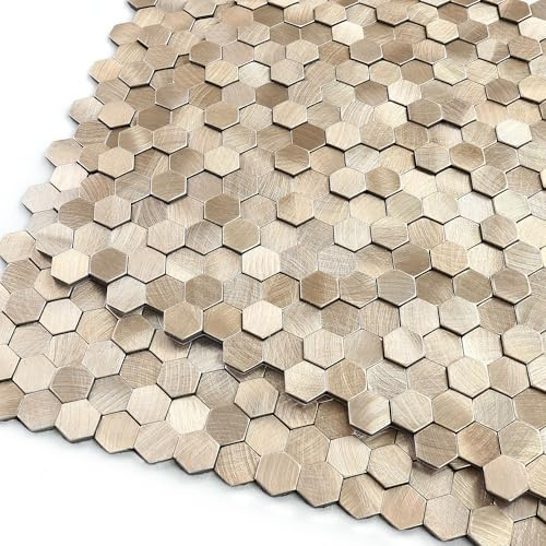 M MOFIT Metal Stick on Tiles for Fireplace,Mini Hexagon 3D Mosaic Tile Stickers Self Adhesive Wall Tiles for Kitchen Metallic Splashback (8 Sheets,Champagne Gold)