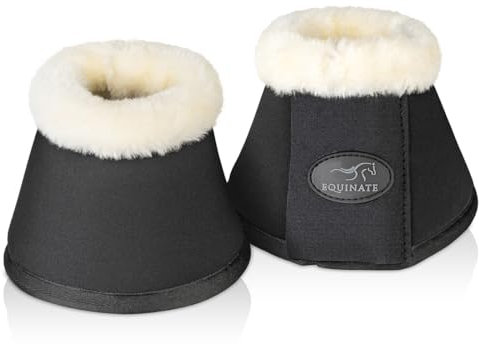 Equinate Hufglocken Furlyn mit synthetischem Lammfell L Schwarz - Robuste und stoßdämpfende Neopren Springglocken - Hufschutz für Training und Turniere - 2er Set