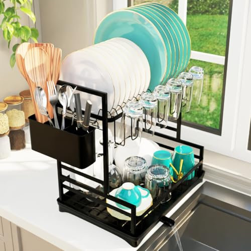 Homiu 2 Tier Dish Drainer Rack - Stainless Steel Utensil Holder - Swivel Drainage Spout - Kitchen Sink Draining Board - Dish Drying Rack for Kitchen Counter - Drying Rack Cutlery Holder