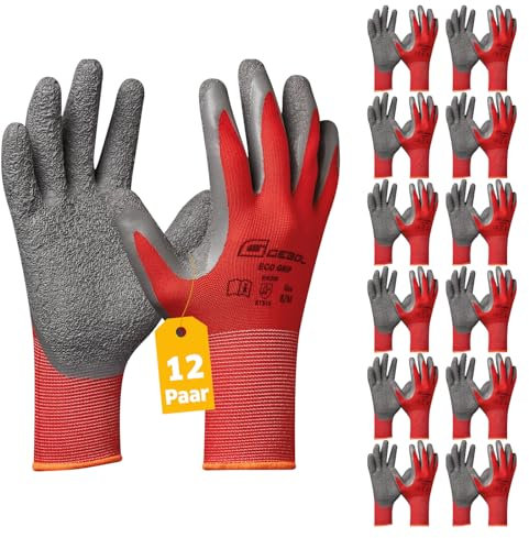 Gebol Eco Grip (12 paia) – Guanti da lavoro con rivestimento in lattice Crinkle, resistenti all'umidità, montaggio e officina, guanti in poliestere senza cuciture, per uomo, XXL (taglia 11)