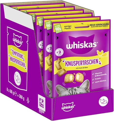 WHISKAS Crisppåsar kattsnacks kyckling & ost 6 x 60 g – snacks med kyckling och ost för katter