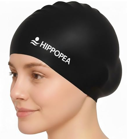 HIPPOPEA Extra Large Silicone Swim Cap for Long Hair, Dreadlocks, Braids, Weaves, Extensions, Curly Afro, 3D Ergonomic Anti Slip Swimming Cap for Women Men Boy Girl (2. Black - Basic (L))