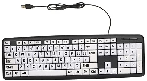 Ejoyous Teclado de Computadora con Impresión Grande, Teclas Blancas USB con Cable, Teclado con Letras Negras para Personas con Discapacidad Visual y Baja Visión, Teclado de Tamaño