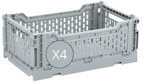 Box and beyond - Lot de 4 Caisses de Rangement pliables - 27 x 17 x 10,5 cm - Plastique Gris - Pliables - Avec Poignées - Rangement - Cuisine, Bureau, Chambre, Salon - Style Simple et Pratique