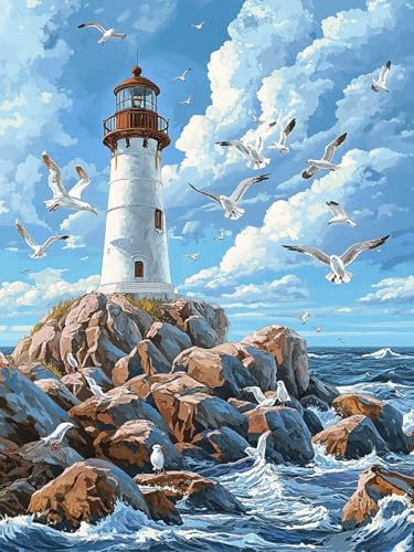 Bimkole 5D Diamond Paintinger För Vuxna Fyr, Full Borrmålning Gör-det-själv Strass Broderi Set Färg Med Diamanter Kit Havet Korsstygn Hem Vägg Hantverk Dekoration 30x40 cm
