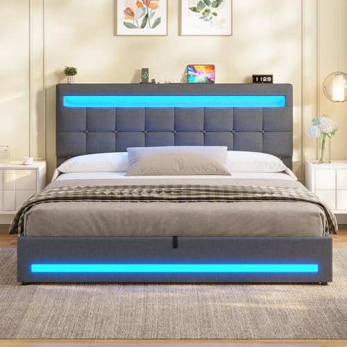 AOGLLATI Polsterbett 160 x 200 mit LED Beleuchtung und Ladestation, Bettgestell mit Höhenverstellbares Kopfteil und Stauraum, Hydraulisches Bett 160 x 200 cm,Lattenrost, Linen,Ohne Matratze,Dunkelgrau