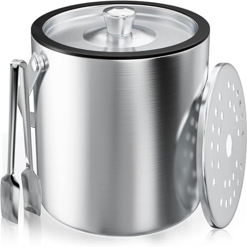 Contenitore per cubetti di ghiaccio con setaccio e pinza per ghiaccio, in acciaio inox, per conservare ghiaccio e raffreddare bevande, 2 l