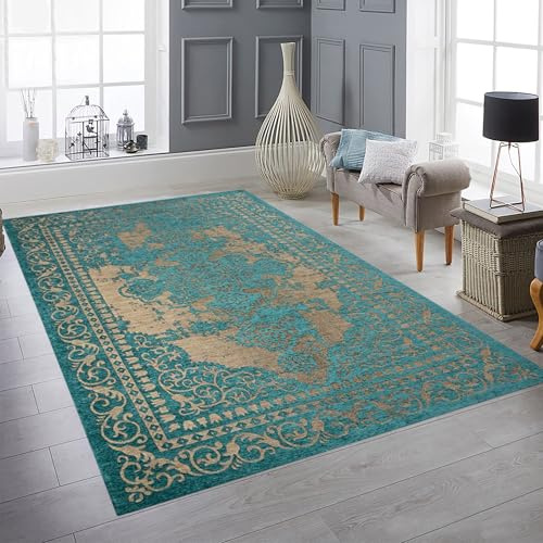 Teppich-Traum Teppich Wohnzimmer Flur Läufer orientalisches Muster mit Bordüre stilvoll pflegeleicht strapazierfähig eleganter Blickfang in TÜRKIS BEIGE 80 x 250 cm