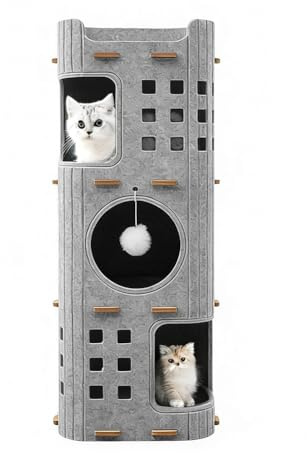 Cueva para gatos de 3 pisos de fieltro, casa para gatos interior con pelota de juego, 90 x 37 x 37 cm, plegable porosa cama para dormir, jugar a esconderse, resistente al invierno, extraíble y