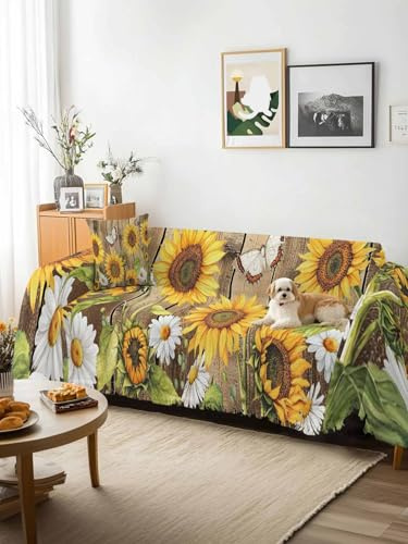 Farmhouse Sunflowers Sofa Cover Blanket Couch Covers for Armchair Cushion,Couch Sofa Silpcover with Tassel,Rustic Floral Buttterfly Wood Board Brown Throw Towel Blanket Covers XX-L 71x150
