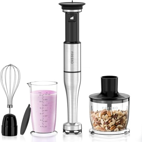 FRESKO 4-en-1 Mixeur Plongeant 1000W, Vitesse Variable, Acier Inoxydable | Anti Splash, Inclut Fouet, Hachoir 500ml, Verre Doseur 700ml à Couvercle et Protège-Casserole, pour Smoothies, Soupes, Purées