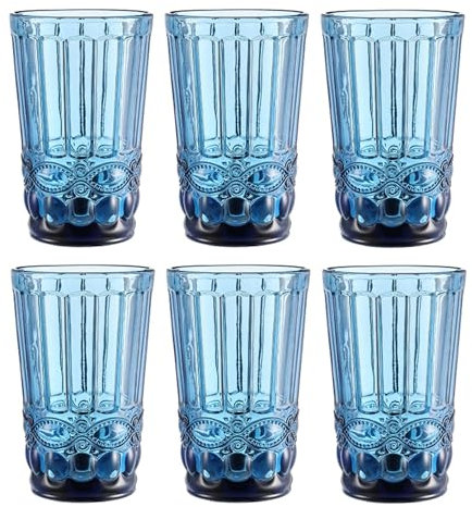 Lot de 6 verres à vin et verres à boire vintage colorés avec gaufrage en relief (nœud bleu, verre à boire) Verre à vin, calice, verre à eau, long drink, verre à cocktail, verre