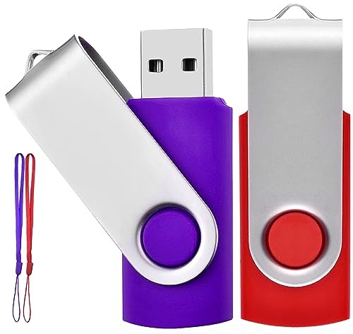 Clef USB 64 Go Lot de 2 Clé USB Cle USB 2.0 Mémoire Flash Drive Pivotantes avec Cordes Bon Cadeau pour Enfant Parents et Amis (64G, Rouge/Violet)