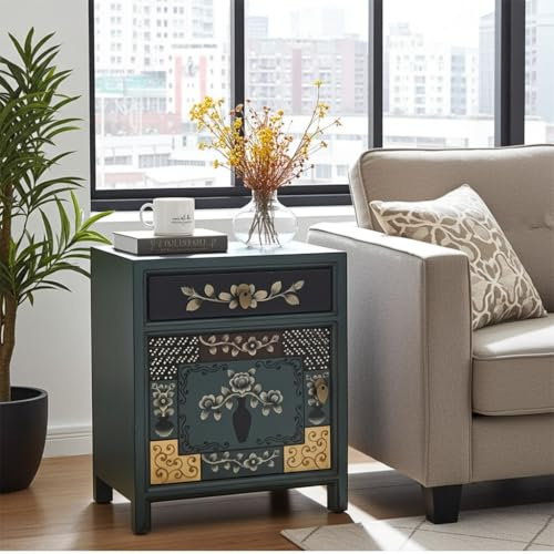 OPIUM OUTLET Chinese Night Console Asian Bedside Table Asia Night Cabinet Oriental Bedroom Chest of Drawers Shabby Chic Blue