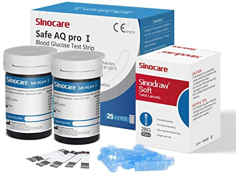 Sinocare Strisce per Glicemia con 50 Strisce e 50 Lancette, Test di Diagnostica e Monitoraggio Data di Scadenza Recente, Solo Applicabile Misuratore Glicemia AQ Pro I