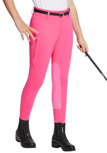 baleaf Girls Riding Pants Kids Equestrian Breeches Knee-Patch Zip Pocket Horseback Tights Pink L