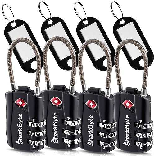 SharkByte TSA-godkända bagagelås – 3-urtavla säkerhets resekombination hänglås med etiketter, flexibel kabeltråd resväskor och små resväskor (4-pack)