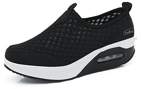 FAZEU Damen Laufschuhe Schlankheitsschuhe Plateauschuhe atmungsaktiv Luftgewicht leicht elastisch Sport Laufen Yoga Tennis zum Überziehen Sportschuh Netzstoff flach Sommer, Schwarz 1, 40 EU