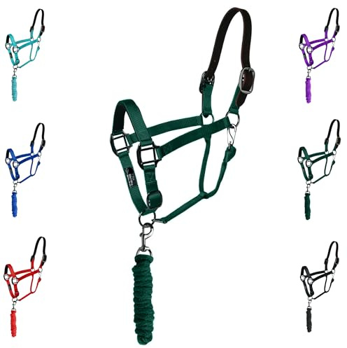 Majestic Ally Leather Halter with Matching Lead Rope for Horses – Leather Breakaway Crown - Adjustable Chin Strap – Rolled Throat Latch – Padded Noseband – Full (Hunter Green, Full)
