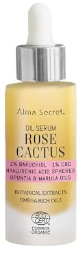 Alma Secret Sérum Facial Aceite ROSE CACTUS renovador celular antiedad con 2% Bakuchiol y Ácido Hialurónico | Todo tipo de pieles y rápida absorción | Belleza Mujer | ECOCERT COSMOS ORGANIC 30ml