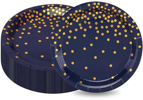 CEILWIEN - Piatti di carta navy, confezione 50 con pois dorati, stoviglie per festeggiamenti