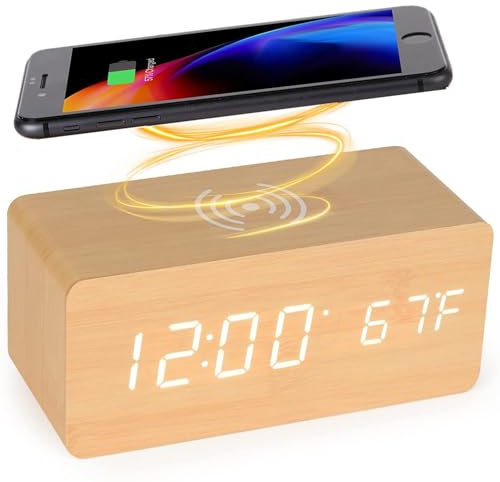 Omihakvi Wooden Digital Alarm Clock with Wireless Charging Station, 5 W Fast Wireless Charger for iPhone/Samsung Galaxy, Digital Alarm Clock without Ticking for Bedroom, Home, Office