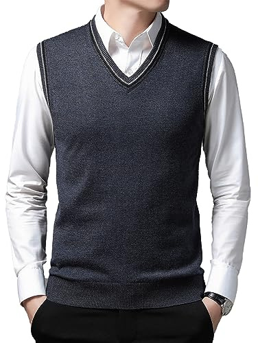 OlyljpinZ V-ringad ärmlös väst för män klassisk affärsstickade västar jumprar solid enkel smal passform alla matchande tröja linne höst vinter vardaglig pullover stickad väst koftor, Mörkgrått, 3XL