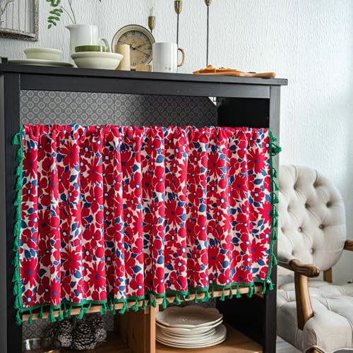 KnSam Skivgardiner vintage, böhmisk stil blommor mönster med tofs skivgardiner ogenomskinliga, 1 stav ficka bomull linne öljettskynke ogenomskinlig, B x H 150 x 45 cm