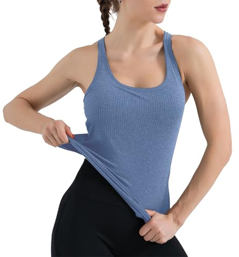 SHEKINI Damsporttopp med integrerad bh utan bygel, ärmlös, ribbad undertröja, bh-skjorta, basic, andas, fitnesströja, sommar, gym, toppar, träning, linne, yogatröja, blå, S