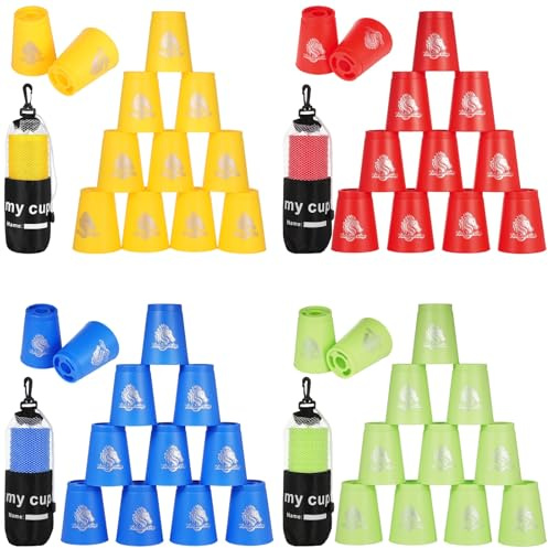 yeesport Lot de 48 gobelets empilables en plastique avec motif cheval, jeu d'entraînement de vitesse pour compétition de défi, jeu familial classique pour jeunes et adultes, rouge + bleu + vert +