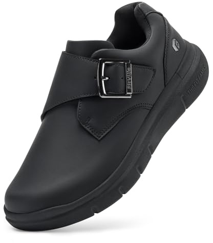 FitVille Men's Wide Fit Casual Shoes Extra Wide Slip on Leather Shoes for Men Edema Recovery Leather Oxford Diabetic Shoes for Wide Feet Hook & Loop Jet Black