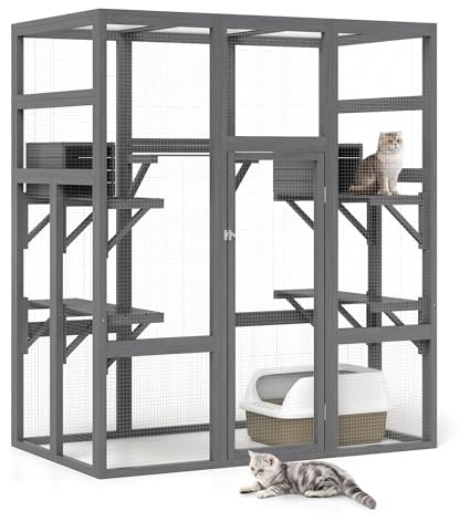 2-in-1 Walk-in Multi-Level Outdoor Catio Wooden Enclosure with 6 Jumping Platforms & 2 Resting Box, Large Cat House Outdoor,Accommodate Up to 5-7 Cats(177.8 * 82.3 * 158.5cm)