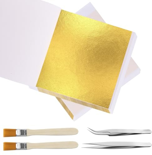 Xmart 200 pezzi Foglia Oro Decorazione Foglia D'oro Fogli Foglia Oro Imitazione con Pinzetta e Pennello 14x14 cm Ideali per Doratura Artigianato Progetti Artistici e Unghie Decorazioni