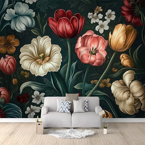 Murales Papel Pintado Salon Estilo Barroco Tulipanes 300 x 210 cm Fotomurale 3D Tejido No Tejido Papel Tapiz Fotográfico Decorativos Murales Dormitorio Oficina Hotel