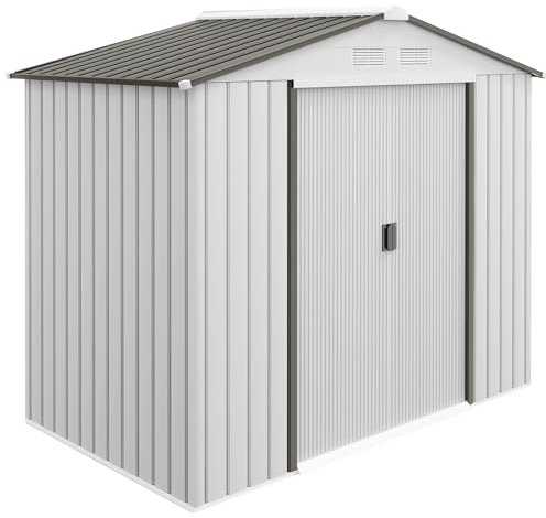 Outsunny Caseta de Jardín Exterior, 2,5 m² 213x130x185 cm, Cobertizo de Jardín Exterior Metálico con 2 Puertas Correderas, Base Refuerzo (Suelo NO Incluido) y 4 Ventanas, Blanco