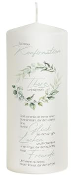 Liamoria® Konfirmationskerze Lorbeerkranz personalisiert mit Namen, Datum und Spruch - Modell Thore - Andenken und Geschenk zur Konfirmation (20 x 8 cm)