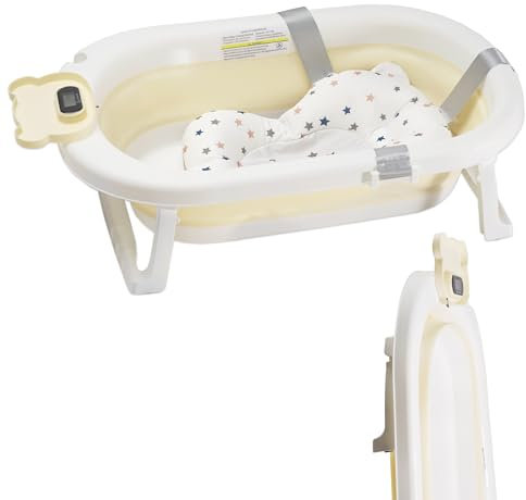 LinaSmile® Baby-Badewanne mit Thermometer, Gestell und Kissen - rutschfest - 0-2 Jahre - Peach