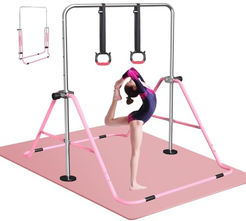 FBSPORT Barra de Gimnasia Artistica para Niñas con Altura Ajustable y Anillos, Plegable Equipo de Gimnasia para Entrenamiento en Casa, Barra de Entrenamiento de Gimnasia Expandible Junior Rosa