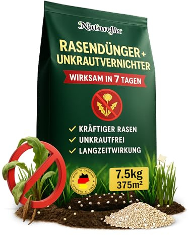 Natureflix Rasendünger mit Unkrautvernichter extra stark | 7,5kg für 375m² | 2-in-1 | Der Rasenunkrautvernichter vernichtet Klee, Löwenzahn & mehr | für dichten, grünen Rasen im Frühjahr & Sommer