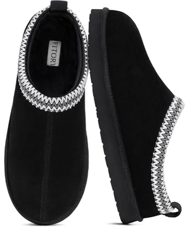 FITORY Men's Classic Leather Slippers,Winter Comfy Suede Shoes with Warm Fuzzy Lined for Indoor/Outdoor Pure Black Size 7.5