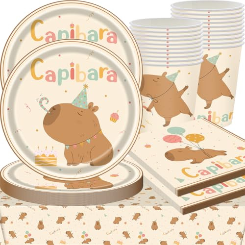 QWEPU Capybara Juego de Vajilla Party, Vajilla Reutilizable Party Supplies, 61PCS Juego de Vajilla para Fiesta de Cumpleaños, manteles, platos, servilletas, vasos de papel,20 personas (marrón)