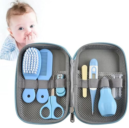 8Pcs Trousse De Soin Bebe Naissance, Trousse De Toilette Bébé, Kit Manucure Bebe Sécurité, Ensemble De Toilettage Avec Brosse À Dents Bébé Ampoule Nasale Oreille Seringue, Coupe-ongles Et Peigne