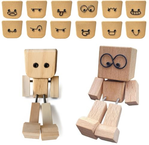 2 Shaking Wooden Man Figurine, Charming Little Wooden Figure That Sways with 12PCS Expressions, Car Dashboard Wood Decorations, Handmade Desktop Creative Ornaments Funny Shake Feet Toy Gifts