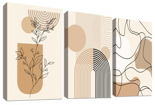 3Pcs Wooden Framed Canvas Wall Art Set Boho Minimalist khaki Beige Painting on Canvas Prints Poster Abstract Geometric Line Leaf Sun Pictures for Living Room Bedroom Hallway Wall Decor 50x70 cm x3pcs