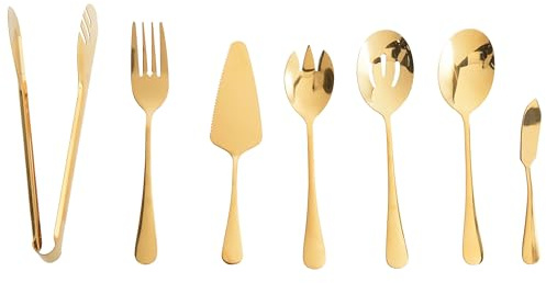 Cubertería glamurosa 7 piezas funcionales: cuchillo para mantequilla tenedor para pescado tenedor para ensalada pala para tartas pinzas de cocina cuchara para verduras acero inoxidable dorado Ziti