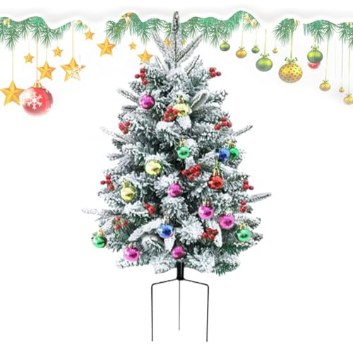 Arbre De Noël Artificiel - 75 cm Neige Artificielle Floconnée Piquet pour Fêtes,Arbre De Noël Extérieur Pré-Éclairé avec Piquet Jardin,pour Extérieur Intérieur Balcon Jardin Fête Appartement Fête des