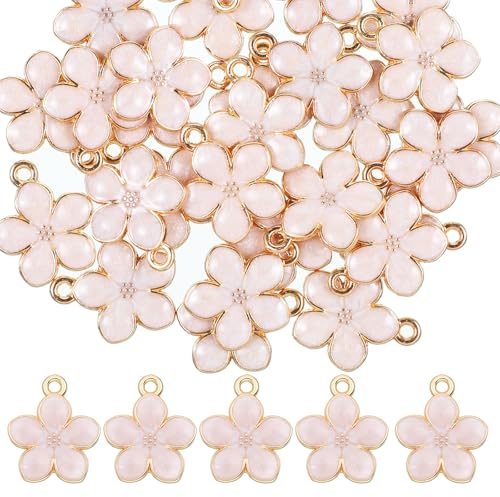 Thinp 30 Pcs Enamel Flower Charms, Flower Charms for Jewelry Making Small Cherry Blossom Charm Gold Plated Flowers Pendants for DIY Crafts Purse Keychains Bracelet Necklace Earrings Making Findings