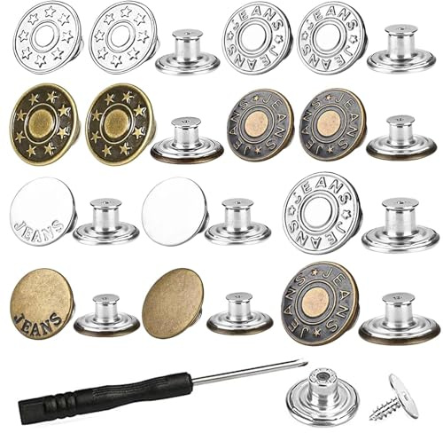 Funalix 14 botones ajustables de repuesto para pantalones vaqueros, botones de repuesto, botones de metal sin coser, juego universal de reparación para vaqueros y pantalones (17 mm)